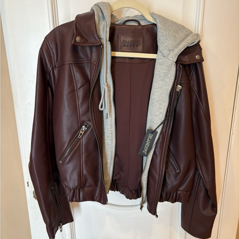 Blank NYC Maroon Faux Leather Jacket with Gray Hoodie